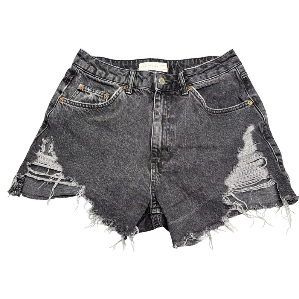 Topshop Denim Shorts size 6‎ 100% Cottton Distressed Frayed Hem High Waist Black